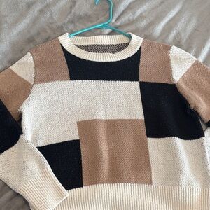 SHEIN Patchwork Sweater - Black, Brown, Cream